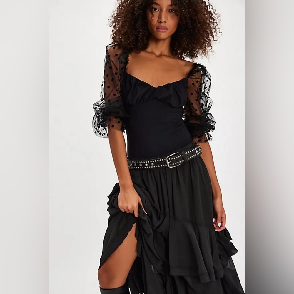 Function & Fringe Edit | Free People Black Sheer Polka Dot Bodysuit - Picture 5 of 5